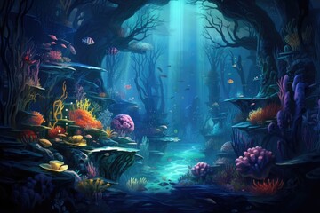 Underwater world with corals, fish and shark. 3d render, An underwater world teeming with diverse...