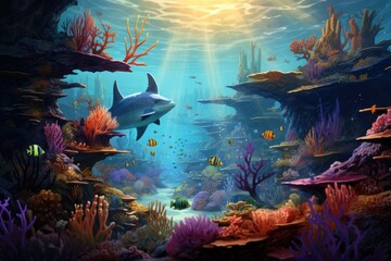 Fototapeta na wymiar Underwater world with fish, corals and tropical fish. 3d rendering, An underwater world teeming with diverse marine life, AI Generated