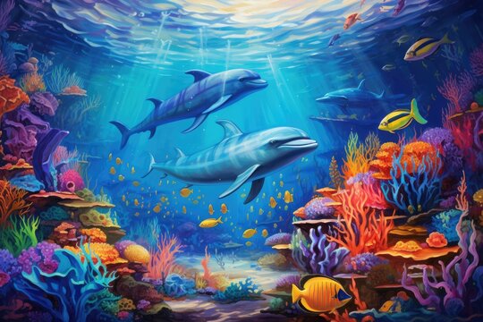 Underwater scene with coral reef and fishes. 3d illustration, An underwater world teeming with colorful marine life, AI Generated