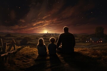 Christmas nativity scene with family at night. Little boy and girl sitting on the ground and looking at the starry sky, A family of four stargazing in a rural setting, AI Generated