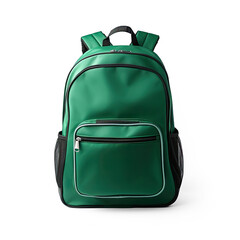 A green school bag, photography, clean white background, front view on isolate transparency background, PNG