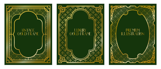 Art Deco gold frame, vintage gold frame, decorative frames, line geometric luxury frames wedding banner label card geometric background vector illustration