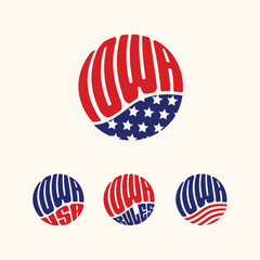 Iowa USA patriotic sticker or button set. Vector illustration for travel stickers, political badges, t-shirts.