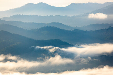Top view Landscape of Morning Mist with Mountain Layer at north of Thailand. mountain ridge and clouds in rural jungle bush forest - 701571894