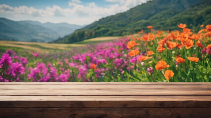 Obraz premium Tulips in the mountains, Flowers on a table, Flowers in the mountains, Empty wood table top on blur of abstract green from the garden. For the montage product display, a wooden table with a garden