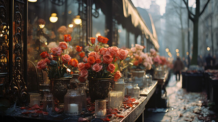 Vibrant Valentine's Day Flower Market Scene with Beautiful Bouquet of Roses - Lovely, Romantic Atmosphere - AI Generated
