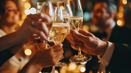 Celebration, champagne glasses and friends at wine tasting experience or celebrating success for about us hospitality homepage. Business people drinking luxury alcohol in winery business.