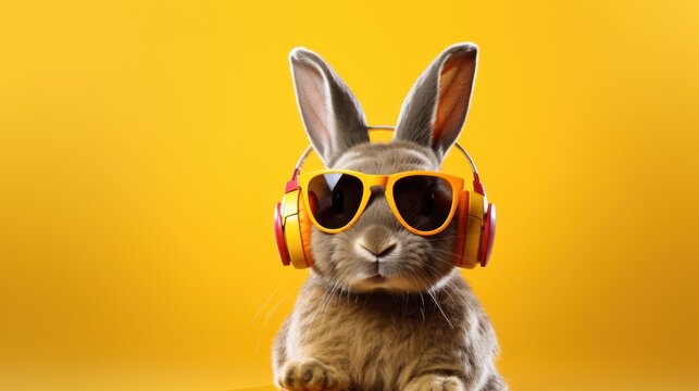 A funny stylist bunny wearing glasses and headphones. AI generated image