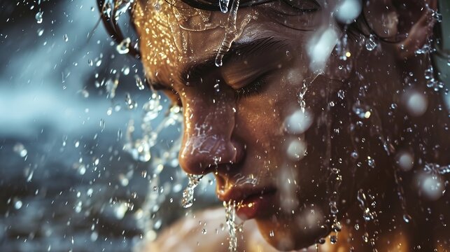 cleaning with a handsome young male splashing his skin for beauty