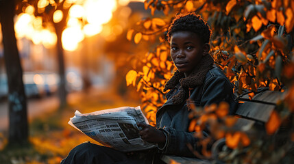 A young African American man is sitting on a bench and reading a new newspaper.