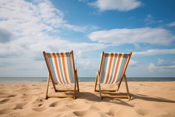 Colorful Caribbean beach chair on tranquil shore with horizon view. Relaxing paradise scene. AI Generative.