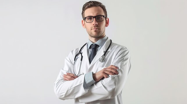 Confident doctor in lab coat standing against white background
