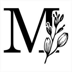 Floral botanical alphabet. M Letter with plants and flowers. M letter logo