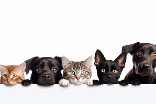 Mascot dogs and cats peek over web banner. AI Generative forms a friendly pet group with a blank sign.