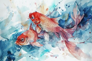 Watercolor painting of fish. Concept of the 12 zodiac signs. Pisces. Art image. Illustration.