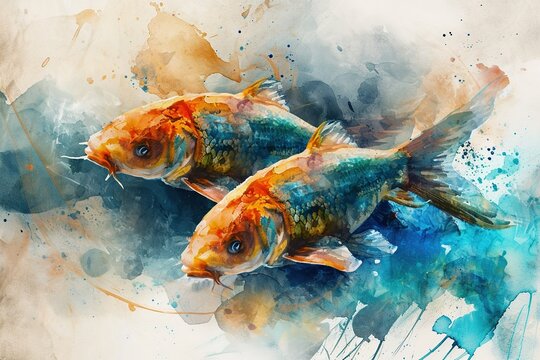 Watercolor painting of fish. Concept of the 12 zodiac signs. Pisces. Art image. Illustration.
