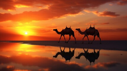 Fototapeta na wymiar Sunset panorama with group camel animals walking in desert. AI generated image