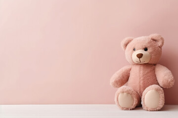 Smiles and cuddles: A sweet pink teddy bear sits on a white table. This innocent plush companion is AI Generative.