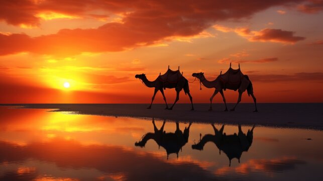 Sunset panorama with group camel animals walking in desert. AI generated image