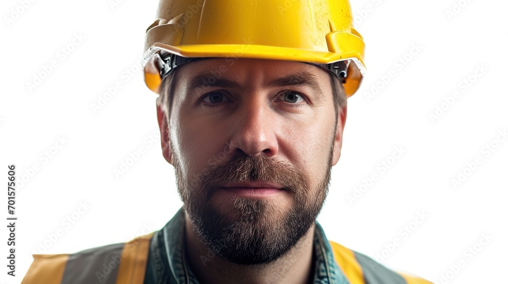 Poster Construction worker looks at the camera. isolated on a white background.