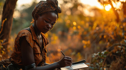 African female leather worker writing notes and using a book note