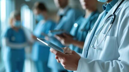 Cropped shot of a doctor using a digital tablet with his colleagues in the background