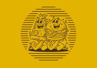 Character illustration of walking burger and pizza