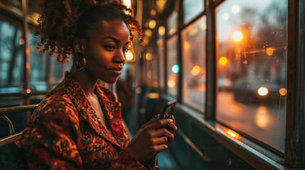 Attractive African American woman using smartphone while riding bus at night Beautiful black woman using public transportation