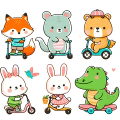 Fotobehang Cute baby animals ride roller skate, scooter, bicycle, skateboard © foody