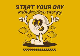 Start your day with positive energy. Ball head character with hands up and happy expression