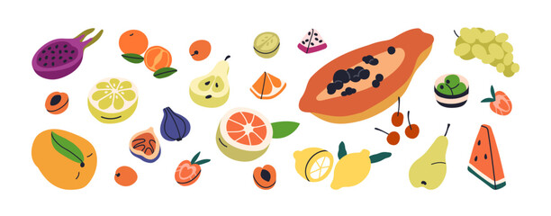 Tropical fruits set. Healthy exotic food. Natural fresh exotic vitamin. Cut papaya, lemon half, grapes, watermelon slice, apricot piece, berries. Flat vector illustrations isolated on white background