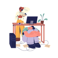 Tired office worker burnouts. Depressed employee overloads. Exhausted man hiding under desk from business paperwork. Frustrated guy avoids work, tasks. Flat isolated vector illustration on white