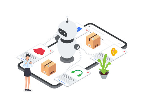 Flat Isometric illustration of AI robot assists woman in product selection on mobile e commerce platform, providing personalized suggestions based on AI algorithms.