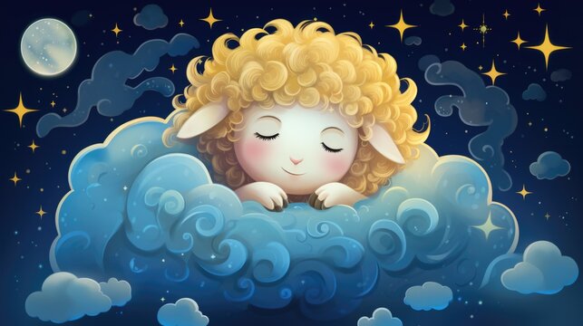 Sleeping lamb cartoon character on cloud under starry night sky. Child bedtime.