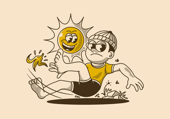 Vintage illustration of a boy falling on a banana peel