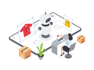 Flat Isometric illustration of generate image and text for ecommerce platform. Artificial intelligence for ecommerce platform.