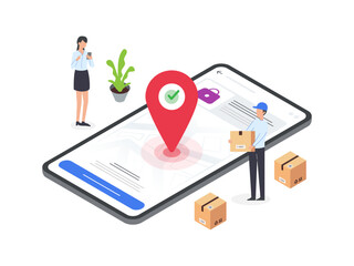 Isometric illustrations of customers receiving packages from couriers. Flat style artwork depicting delivery process and customer satisfaction.
