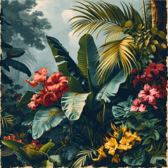 Fototapeta na wymiar a vintage tropical leaves with pink background with the word tropical, in the style of pictorial, 2d, light green and dark beige, simplistic characters, delicate markings, historical imagery, pixelate