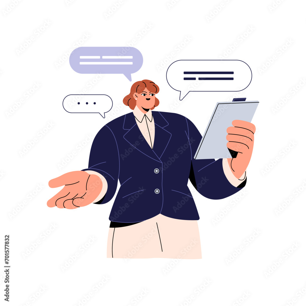 Poster office worker performs with report. professional speaker explains lecture. leader reporting informat