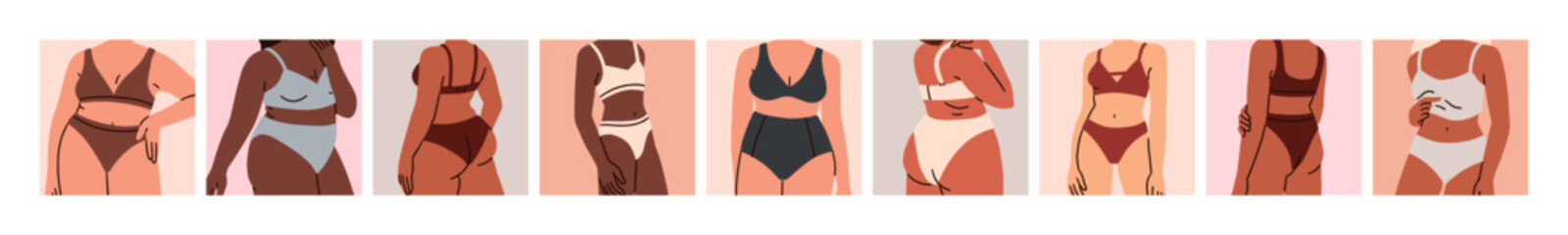 Woman lingerie, underwear on different figures. Bra and panties on slim and plus-size female bodies. Women torso in underclothing, bikini, swimwear. Body-positive cards set. Flat vector illustrations - obrazy, fototapety, plakaty