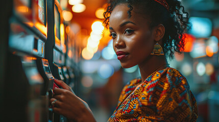Beautiful African woman using an ATM Beautiful young woman withdraws money from a credit card at an ATM. - obrazy, fototapety, plakaty