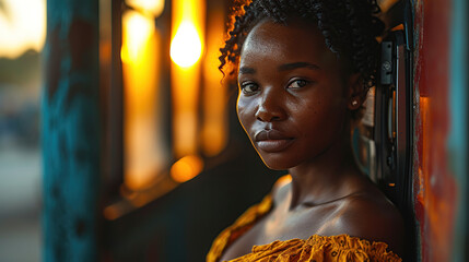 Beautiful African woman using an ATM Beautiful young woman withdraws money from a credit card at an ATM.