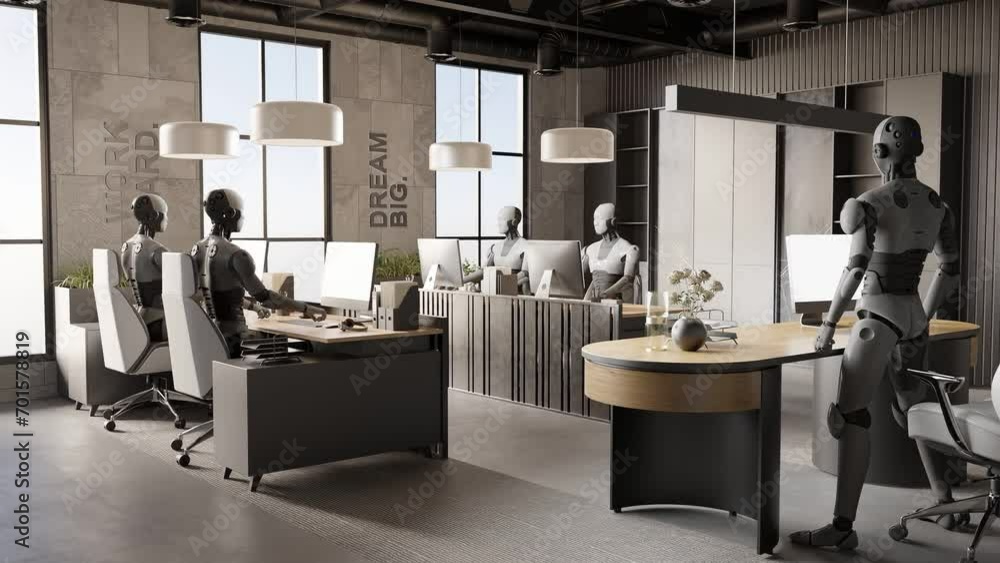 Aufkleber 3d rendering animation team of futuristic robot humanoid cyber working together in office with lapto