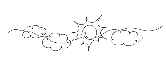 Sun continuous one line drawing. Three clouds and summer sun contour sign. Vector sketch isolated on white.