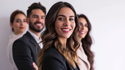 Fototapeta premium group of business colleagues gazing at camera with grins, attractive leader in front of a white background.