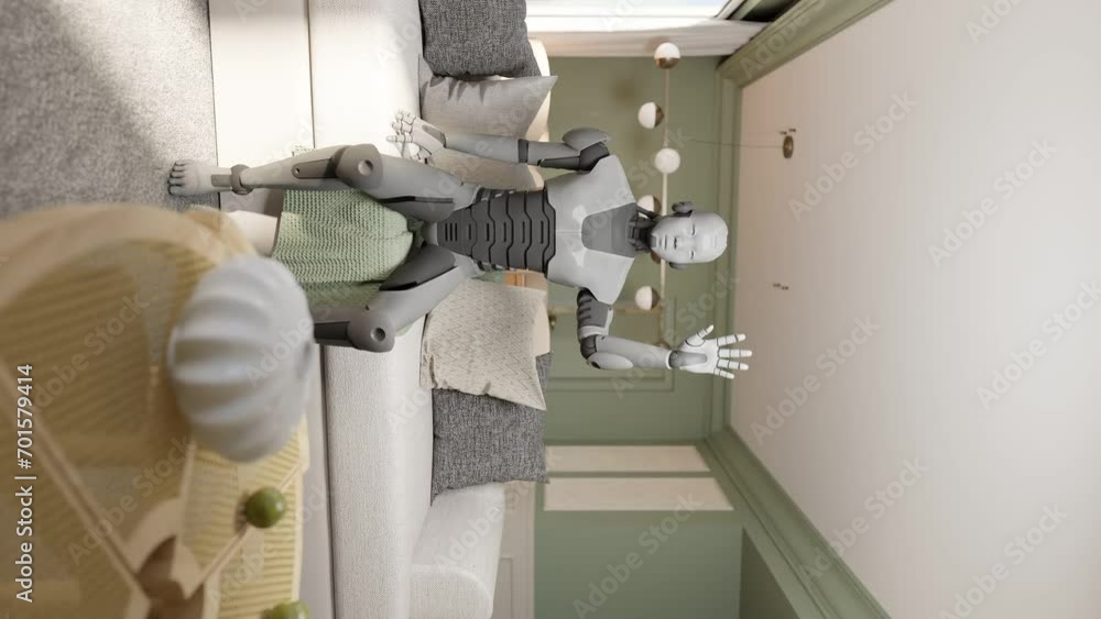Poster vertical of futuristic robot humanoid cyber greeting while sitting in modern sofa living room 3d ren