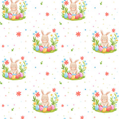 Fototapeta na wymiar Seamless pattern with cute sitting Easter Bunny or Easter Rabbit peeking behind pile of painted decorated or ornate Easter Eggs among flower field on white background