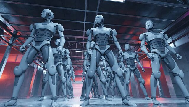 artificial intelligence factory of robot humanoid cyber moving their head side to side futuristic development 3d rendering animation 