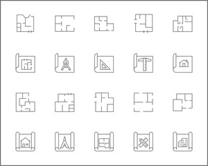 Set of architecture and construction icons line style. It contains such Icons as interior, real estate, building, house, plans, design, build, tool and other elements.