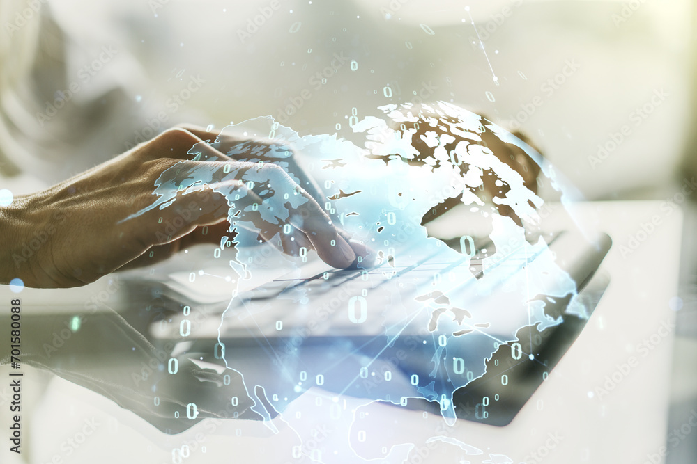 Poster abstract creative coding concept with world map and hands typing on laptop on background. multiexpos